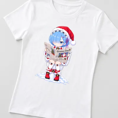 Kawaii anime girl reading a newspaper with Christmas-themed text in red, white, and blue — printed on a women's shirt