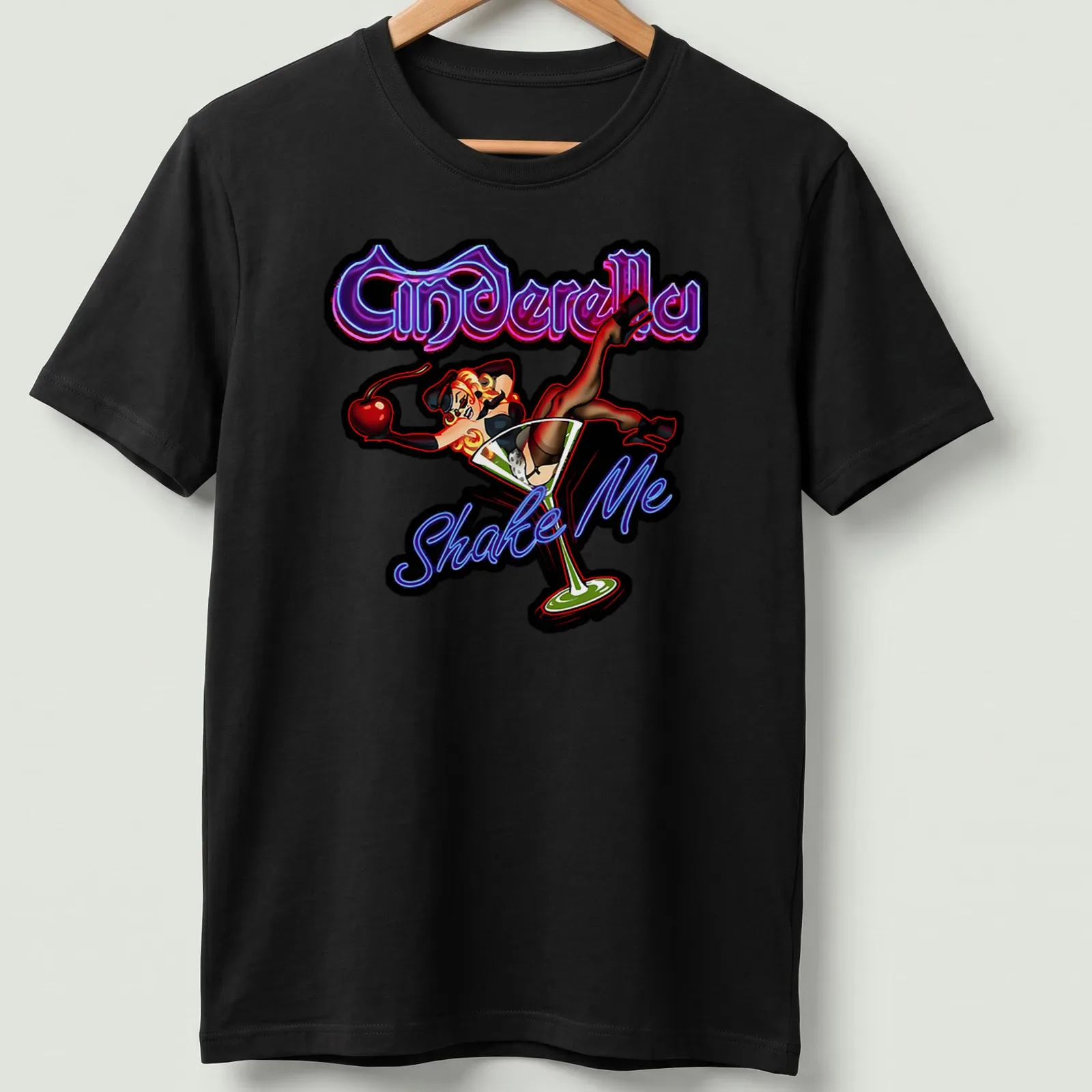 Colorful retro design of a pin-up girl in a martini glass with playful text — printed on a unisex t-shirt