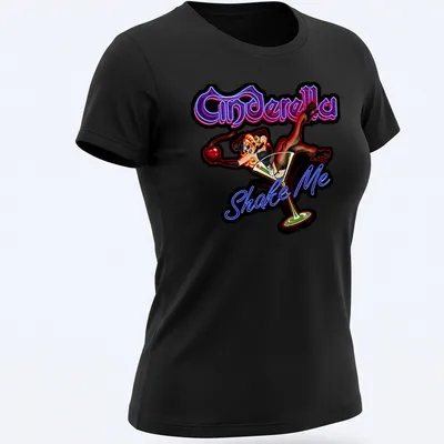 Colorful retro design of a pin-up girl in a martini glass with playful text — printed on a women's shirt