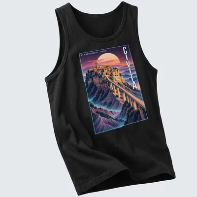 Vintage poster-style print showcasing Civita di Bagnoregio with bridge and moon — printed on a tank top