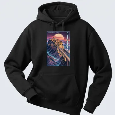 Vintage poster-style print showcasing Civita di Bagnoregio with bridge and moon — printed on a unisex hoodie