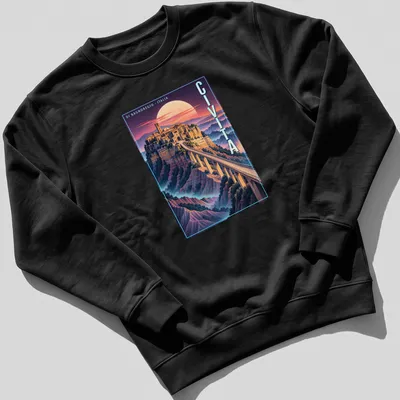 Vintage poster-style print showcasing Civita di Bagnoregio with bridge and moon — printed on a unisex sweatshirt