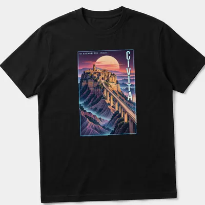 Vintage poster-style print showcasing Civita di Bagnoregio with bridge and moon — printed on a unisex t-shirt