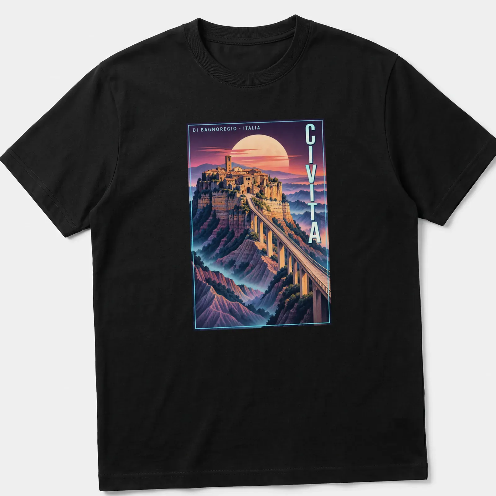 Vintage poster-style print showcasing Civita di Bagnoregio with bridge and moon — printed on a unisex t-shirt