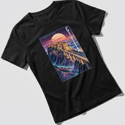 Vintage poster-style print showcasing Civita di Bagnoregio with bridge and moon — printed on a women's shirt