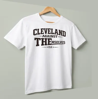 Bold vintage Cleveland Against Themselves tee in black, white, and brown — printed on a unisex t-shirt (angled view)