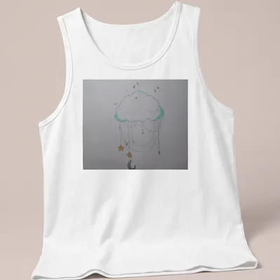 Whimsical illustration of a cloud dream catcher with stars in light blue and yellow — printed on a tank top