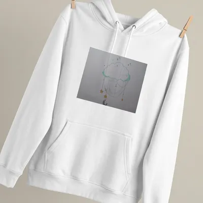 Whimsical illustration of a cloud dream catcher with stars in light blue and yellow — printed on a unisex hoodie