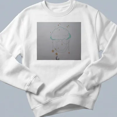 Whimsical illustration of a cloud dream catcher with stars in light blue and yellow — printed on a unisex sweatshirt