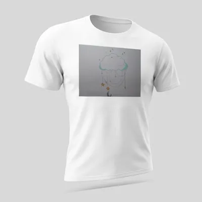 Whimsical illustration of a cloud dream catcher with stars in light blue and yellow — printed on a unisex t-shirt (angled view)