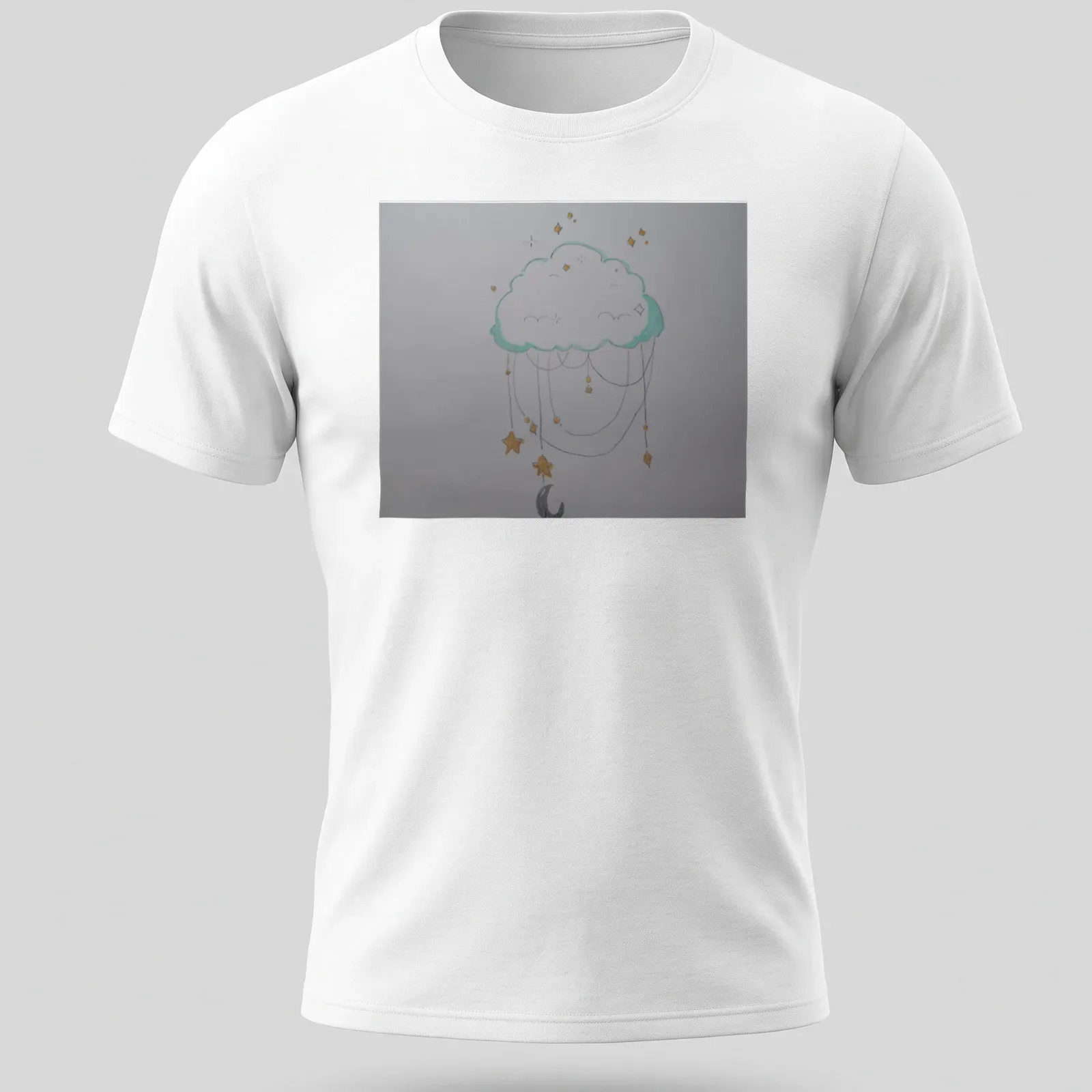 Whimsical illustration of a cloud dream catcher with stars in light blue and yellow — printed on a unisex t-shirt