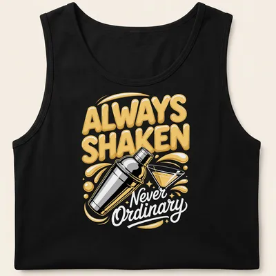 Bold colorful t-shirt with cocktail shaker and humorous text about cocktails — printed on a tank top