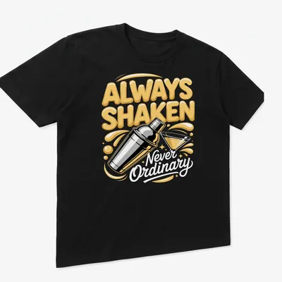 Bold colorful t-shirt with cocktail shaker and humorous text about cocktails — printed on a unisex t-shirt (angled view)