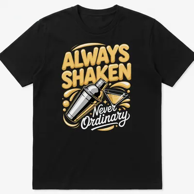 Bold colorful t-shirt with cocktail shaker and humorous text about cocktails