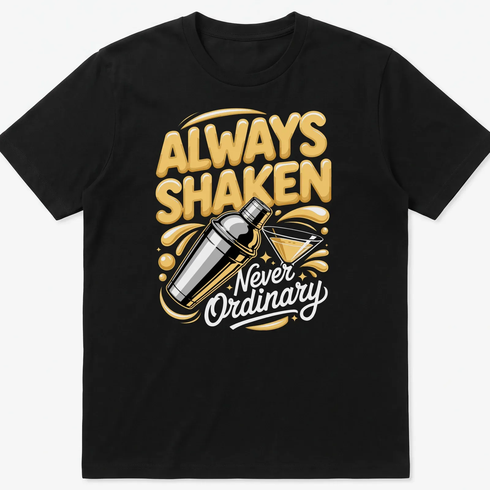 Bold colorful t-shirt with cocktail shaker and humorous text about cocktails — printed on a unisex t-shirt