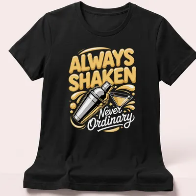 Bold colorful t-shirt with cocktail shaker and humorous text about cocktails — printed on a women's shirt