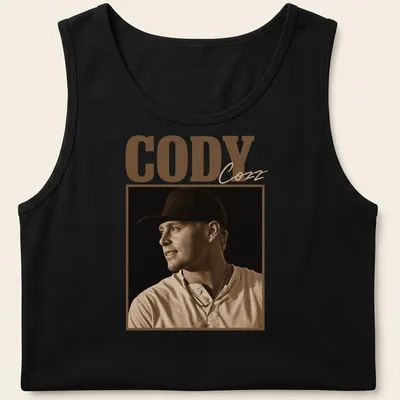 Vintage sepia t-shirt with the text Cody Cozz in brown and cream — printed on a tank top