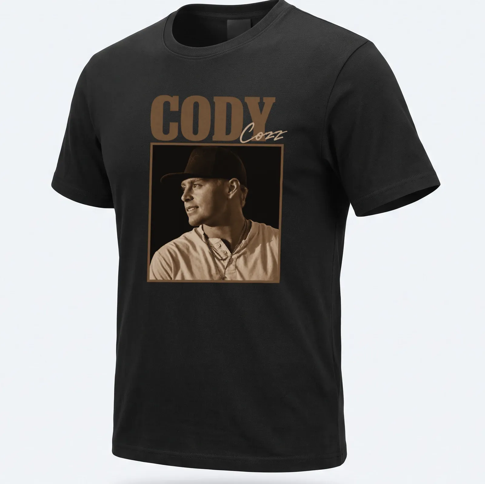 Vintage sepia t-shirt with the text Cody Cozz in brown and cream — printed on a unisex t-shirt