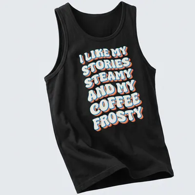 Retro typography shirt with coffee-themed text in bright colors — printed on a tank top
