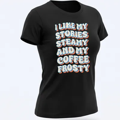 Retro typography shirt with coffee-themed text in bright colors — printed on a women's shirt