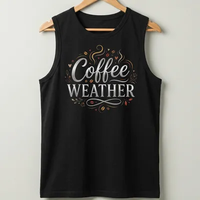 Elegant decorative Coffee Weather t-shirt featuring a steaming coffee cup illustration — printed on a tank top