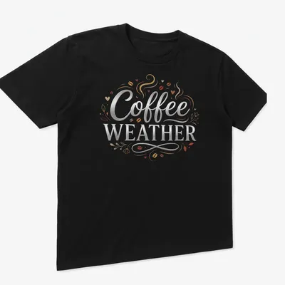 Elegant decorative Coffee Weather t-shirt featuring a steaming coffee cup illustration — printed on a unisex t-shirt (angled view)