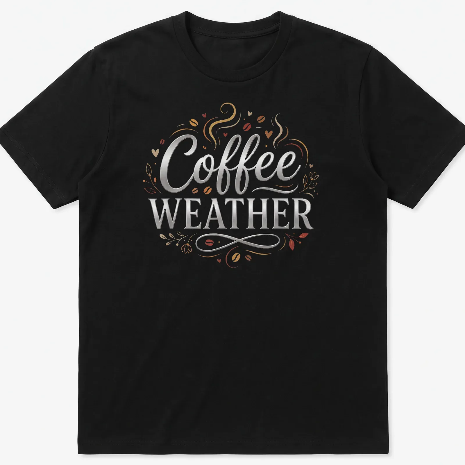 Elegant decorative Coffee Weather t-shirt featuring a steaming coffee cup illustration — printed on a unisex t-shirt