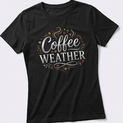 Elegant decorative Coffee Weather t-shirt featuring a steaming coffee cup illustration — printed on a women's shirt