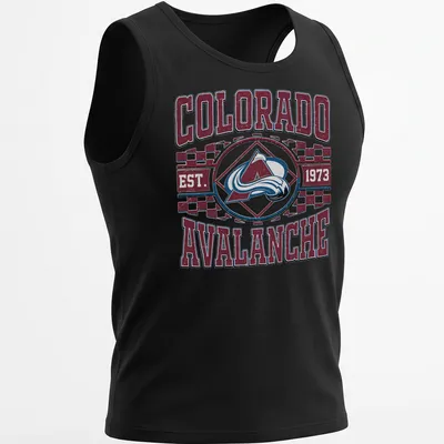 Vintage distressed tee featuring Colorado Avalanche team logo and established text — printed on a tank top