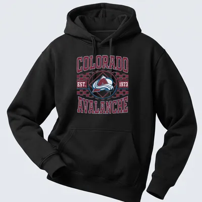 Vintage distressed tee featuring Colorado Avalanche team logo and established text — printed on a unisex hoodie