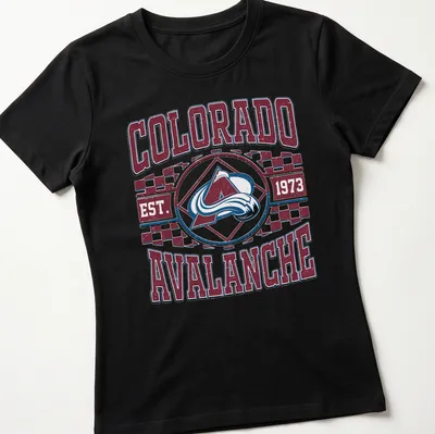 Vintage distressed tee featuring Colorado Avalanche team logo and established text — printed on a women's shirt