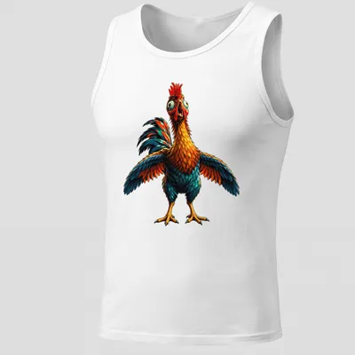Cartoon chicken character with the phrase 'Good Job Dumb Chicken' in bright colors — printed on a tank top