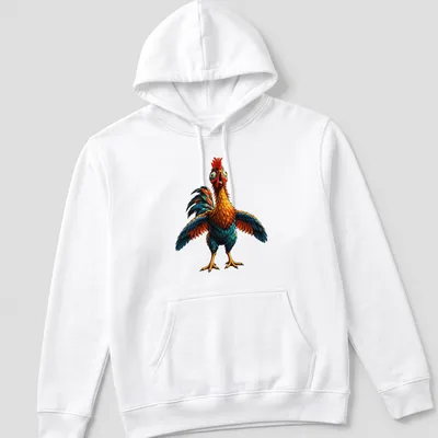 Cartoon chicken character with the phrase 'Good Job Dumb Chicken' in bright colors — printed on a unisex hoodie