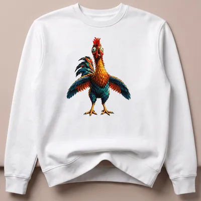 Cartoon chicken character with the phrase 'Good Job Dumb Chicken' in bright colors — printed on a unisex sweatshirt