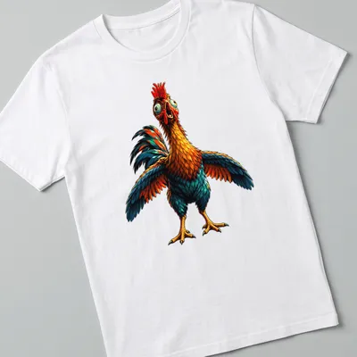 Cartoon chicken character with the phrase 'Good Job Dumb Chicken' in bright colors — printed on a unisex t-shirt