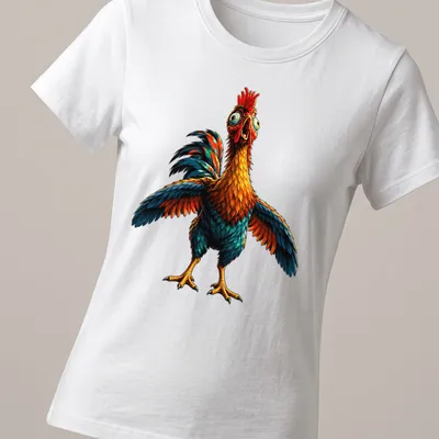 Cartoon chicken character with the phrase 'Good Job Dumb Chicken' in bright colors — printed on a women's shirt