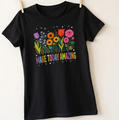 Vibrant illustration of a colorful flower bouquet with motivational text — printed on a women's shirt