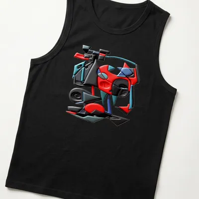 Colorful geometric abstract design t-shirt with text 'Futuristic Fracture C' — printed on a tank top