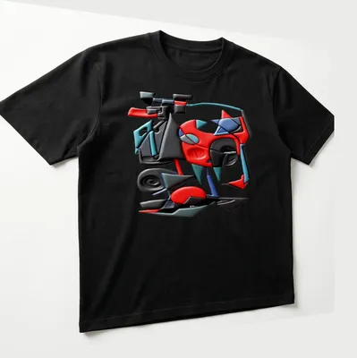 Colorful geometric abstract design t-shirt with text 'Futuristic Fracture C' — printed on a unisex t-shirt (angled view)