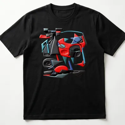 Colorful geometric abstract design t-shirt with text 'Futuristic Fracture C'