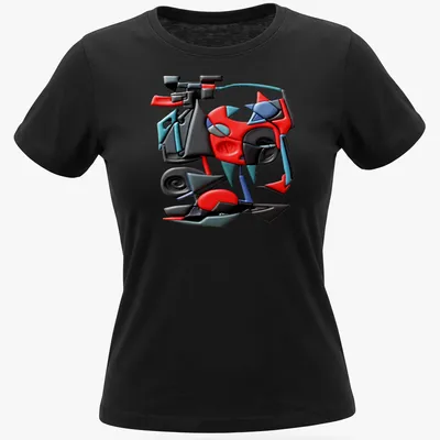 Colorful geometric abstract design t-shirt with text 'Futuristic Fracture C' — printed on a women's shirt