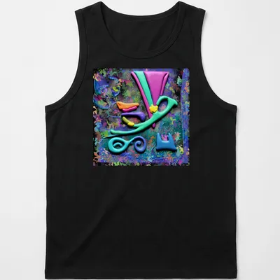 Colorful geometric abstract design featuring vibrant oil slick effect — printed on a tank top