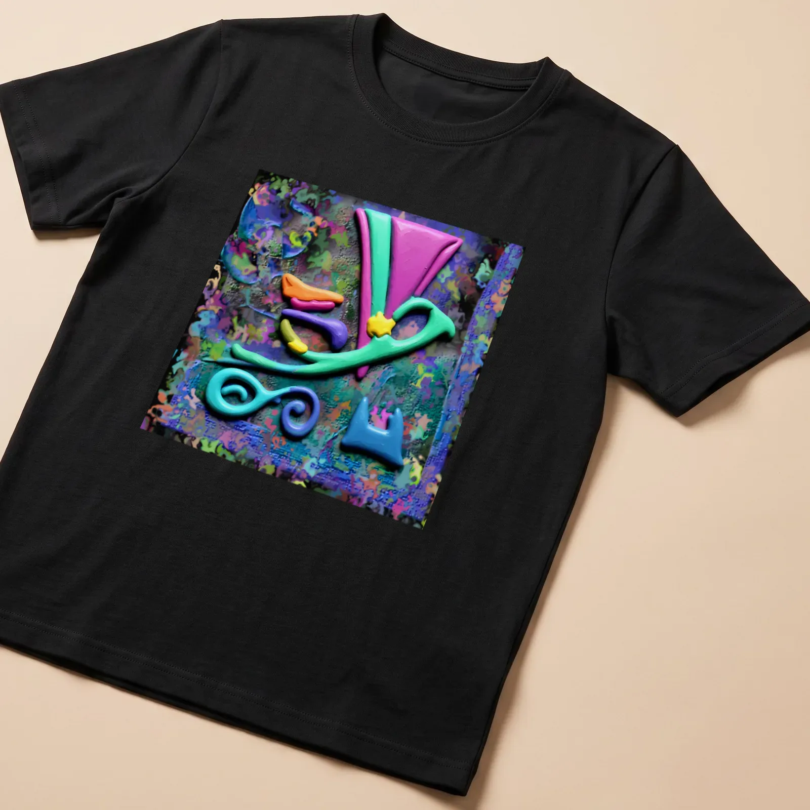 Colorful geometric abstract design featuring vibrant oil slick effect — printed on a unisex t-shirt