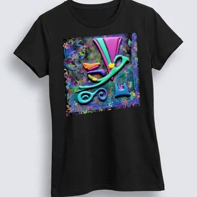 Colorful geometric abstract design featuring vibrant oil slick effect — printed on a women's shirt