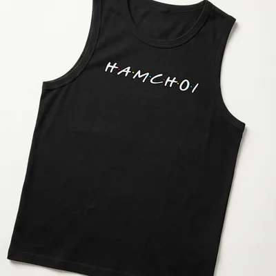 Playful typography shirt featuring colorful text 'HAM CHOI' in black, red, yellow, and blue. — printed on a tank top