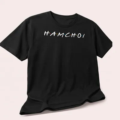 Playful typography shirt featuring colorful text 'HAM CHOI' in black, red, yellow, and blue. — printed on a unisex t-shirt (angled view)
