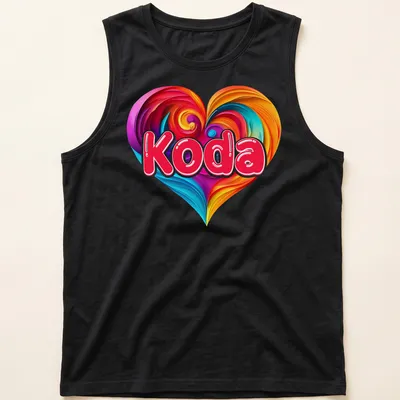 Swirled vibrant heart design with the name Koda in playful text. — printed on a tank top