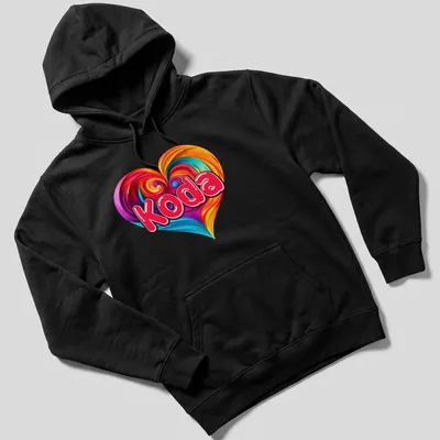 Swirled vibrant heart design with the name Koda in playful text. — printed on a unisex hoodie