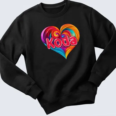 Swirled vibrant heart design with the name Koda in playful text. — printed on a unisex sweatshirt