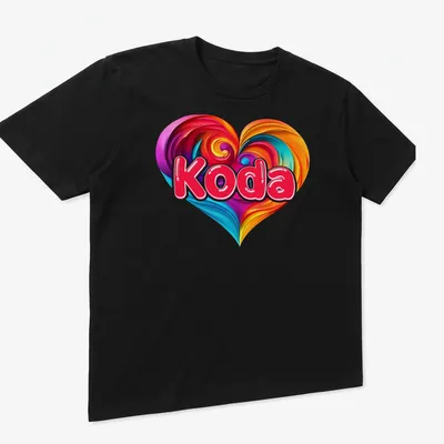Swirled vibrant heart design with the name Koda in playful text. — printed on a unisex t-shirt (angled view)